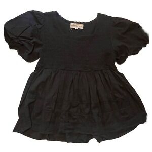 Wishing Waves Women's Blouse Size L Cotton Black  Boho Puff Sleeve Short Smocked